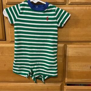 Ralph Lauren 100% Cotton Boys Green & White Striped Polo Romper Size 3 Months